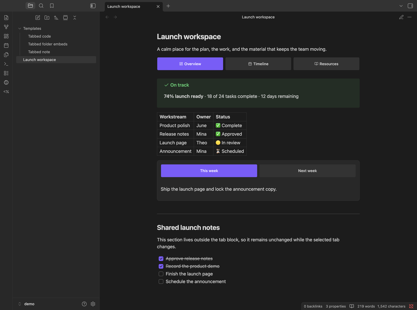 Tabsdown in Obsidian with Overview, Timeline, and Resources tabs and a nested weekly tab set