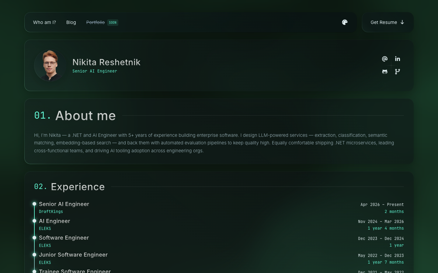Earlier Angular portfolio displayed at a desktop viewport